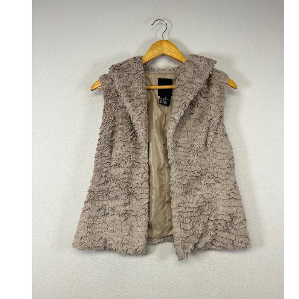 Boho Chic Me Jane Womens Medium Taupe Hooded‎ Shaggy Faux Fur Open Front Vest
